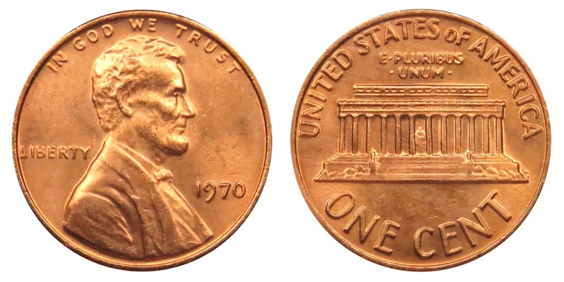 1970 penny obverse and reverse showing Lincoln portrait and Lincoln Memorial