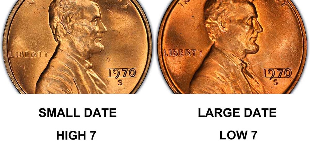 1970-S Small Date vs Large Date penny side-by-side comparison showing height of the 7 in the date