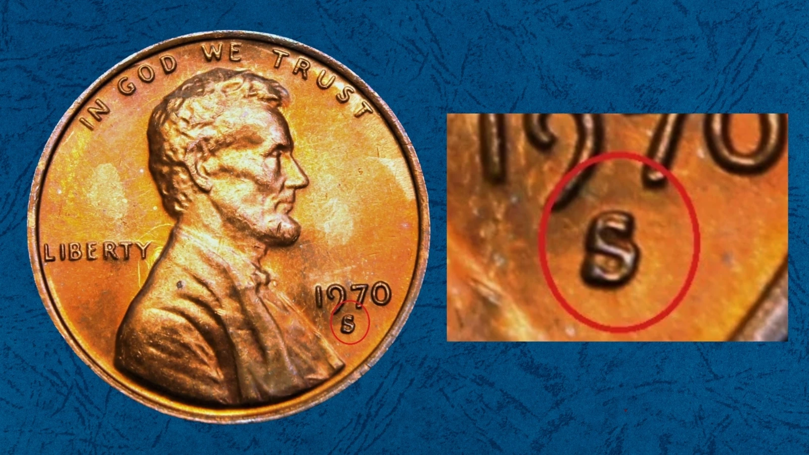 1970-S penny repunched mint mark error showing doubled S mint mark under magnification
