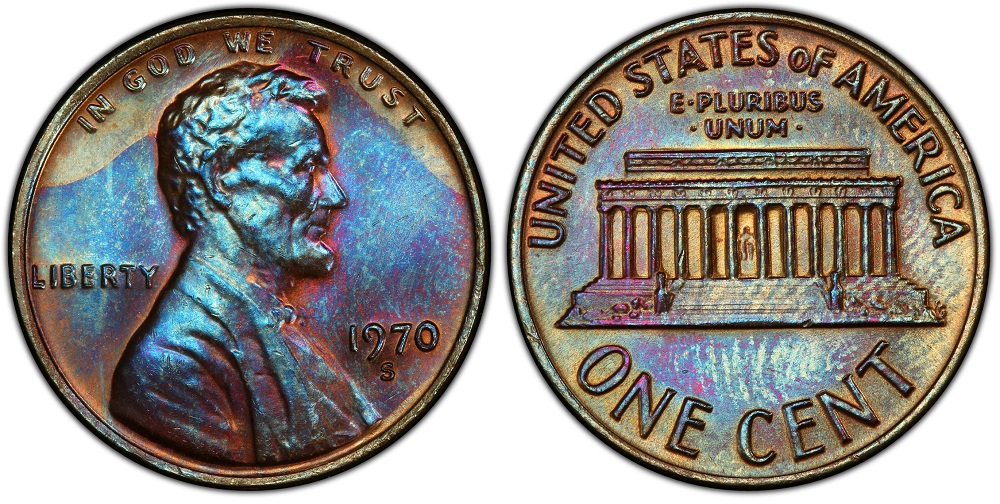 Group of 1970 Lincoln cents from Philadelphia Denver and San Francisco mints showing different varieties