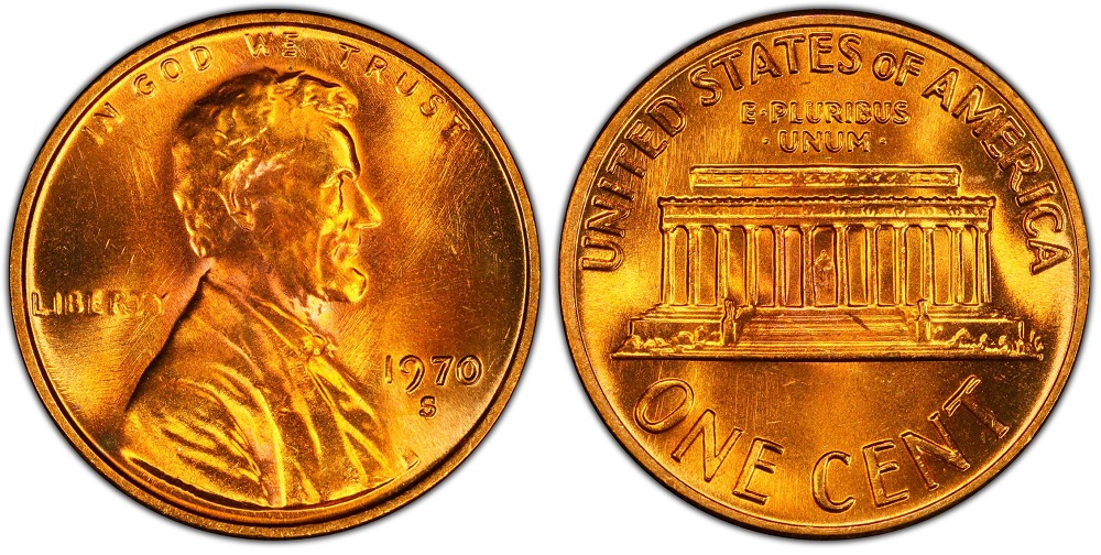 1970 penny grading strip showing four condition tiers from worn to gem uncirculated